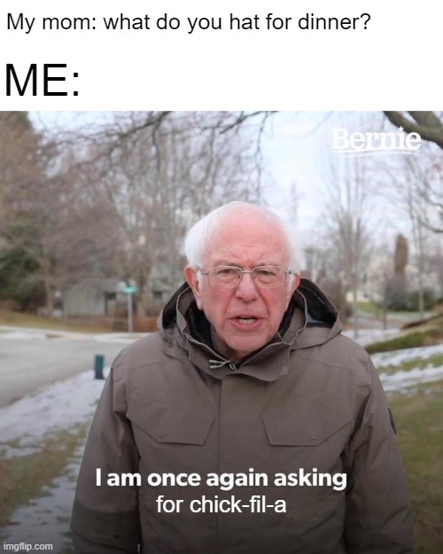 #NotSponsored | My mom: what do you hat for dinner? ME:; for chick-fil-a | image tagged in memes,bernie i am once again asking for your support | made w/ Imgflip meme maker