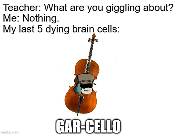 Blank White Template | Teacher: What are you giggling about?
Me: Nothing.
My last 5 dying brain cells:; GAR-CELLO | image tagged in memes,friday night funkin | made w/ Imgflip meme maker