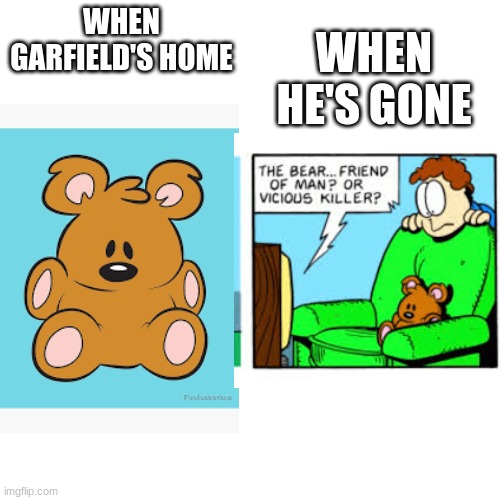 Pooky daily life | WHEN HE'S GONE; WHEN GARFIELD'S HOME | image tagged in garfield | made w/ Imgflip meme maker