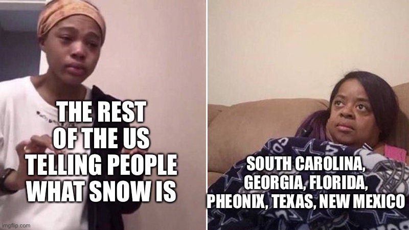 Me explaining to my mom | THE REST OF THE US TELLING PEOPLE WHAT SNOW IS SOUTH CAROLINA, GEORGIA, FLORIDA, PHEONIX, TEXAS, NEW MEXICO | image tagged in me explaining to my mom | made w/ Imgflip meme maker