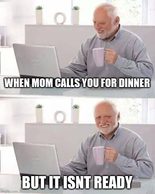 yayy an actual memee | WHEN MOM CALLS YOU FOR DINNER; BUT IT ISNT READY | image tagged in memes,hide the pain harold | made w/ Imgflip meme maker