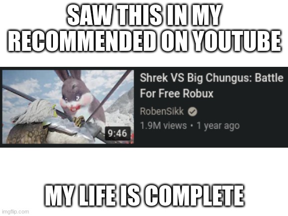 I love the Internet | SAW THIS IN MY RECOMMENDED ON YOUTUBE; MY LIFE IS COMPLETE | image tagged in blank white template | made w/ Imgflip meme maker