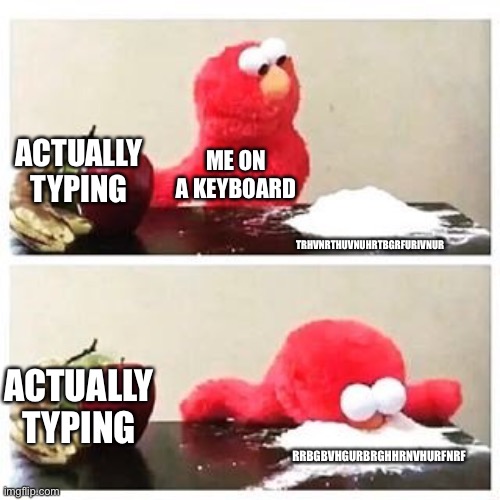 elmo cocaine | ACTUALLY TYPING; ME ON A KEYBOARD; TRHVNRTHUVNUHRTBGRFURIVNUR; ACTUALLY TYPING; RRBGBVHGURBRGHHRNVHURFNRF | image tagged in elmo cocaine | made w/ Imgflip meme maker