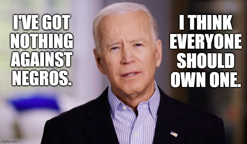 Meet Joe Biden...the most racist president since Andrew Jackson | I THINK EVERYONE SHOULD OWN ONE. I'VE GOT
NOTHING
AGAINST NEGROS. | image tagged in joe biden,racist,negro,andrew jackson,memes | made w/ Imgflip meme maker