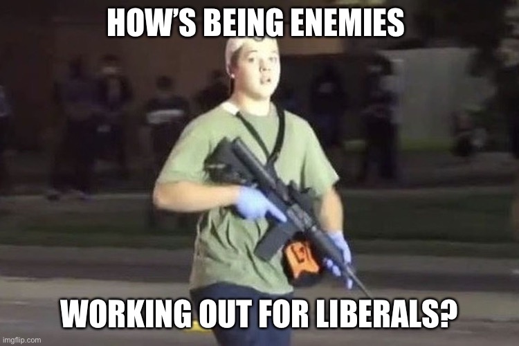 Kyle Rittenhouse | HOW’S BEING ENEMIES WORKING OUT FOR LIBERALS? | image tagged in kyle rittenhouse | made w/ Imgflip meme maker