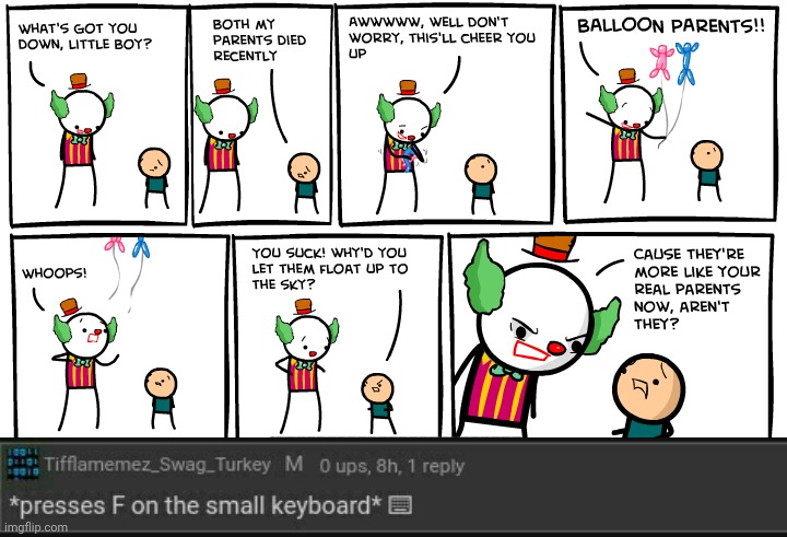 Balloon parents | image tagged in presses f on the small keyboard,cyanide and happiness,comics,clown,balloon,parents | made w/ Imgflip meme maker