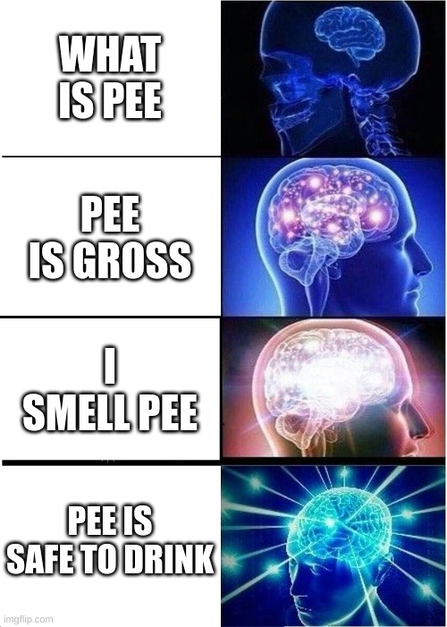 Pee | WHAT IS PEE; PEE IS GROSS; I SMELL PEE; PEE IS SAFE TO DRINK | image tagged in memes,expanding brain | made w/ Imgflip meme maker