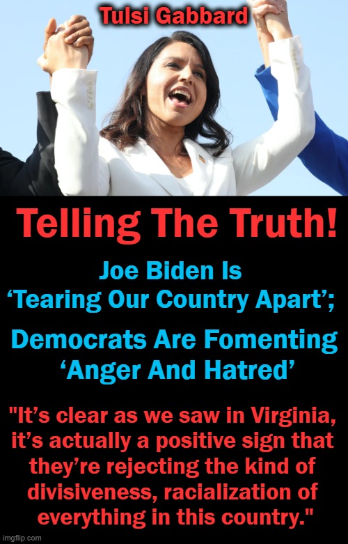 Former Democratic presidential candidate Tulsi Gabbard slammed Joe Biden! | Tulsi Gabbard; Telling The Truth! Joe Biden Is 
‘Tearing Our Country Apart’;; Democrats Are Fomenting 
‘Anger And Hatred’; "It’s clear as we saw in Virginia, 
it’s actually a positive sign that 
they’re rejecting the kind of 
divisiveness, racialization of 
everything in this country." | image tagged in politics,democratic socialism,radicals,divisive,party of hate,joe biden | made w/ Imgflip meme maker