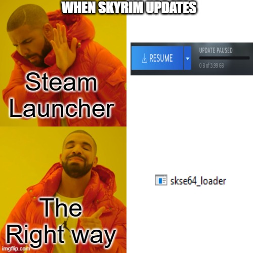 Skyrim AE on PC | WHEN SKYRIM UPDATES; Steam Launcher; The Right way | image tagged in memes,drake hotline bling | made w/ Imgflip meme maker