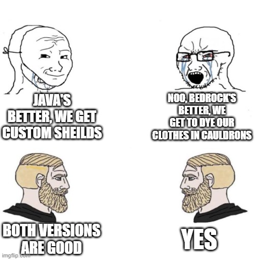 how we act vs how we should act | JAVA'S BETTER, WE GET CUSTOM SHEILDS; NOO, BEDROCK'S BETTER, WE GET TO DYE OUR CLOTHES IN CAULDRONS; YES; BOTH VERSIONS ARE GOOD | image tagged in chad we know | made w/ Imgflip meme maker