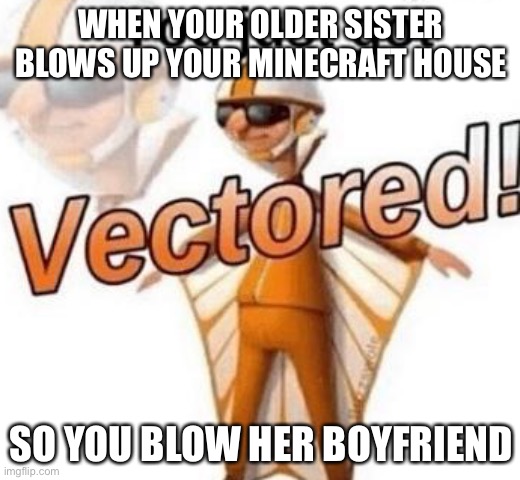 It’s just a prank sis | WHEN YOUR OLDER SISTER BLOWS UP YOUR MINECRAFT HOUSE; SO YOU BLOW HER BOYFRIEND | image tagged in you just got vectored | made w/ Imgflip meme maker