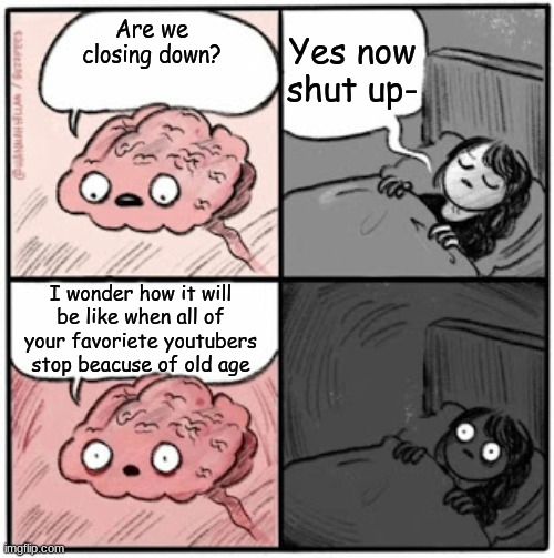 Brain Before Sleep | Yes now shut up-; Are we closing down? I wonder how it will be like when all of your favoriete youtubers stop beacuse of old age | image tagged in brain before sleep | made w/ Imgflip meme maker