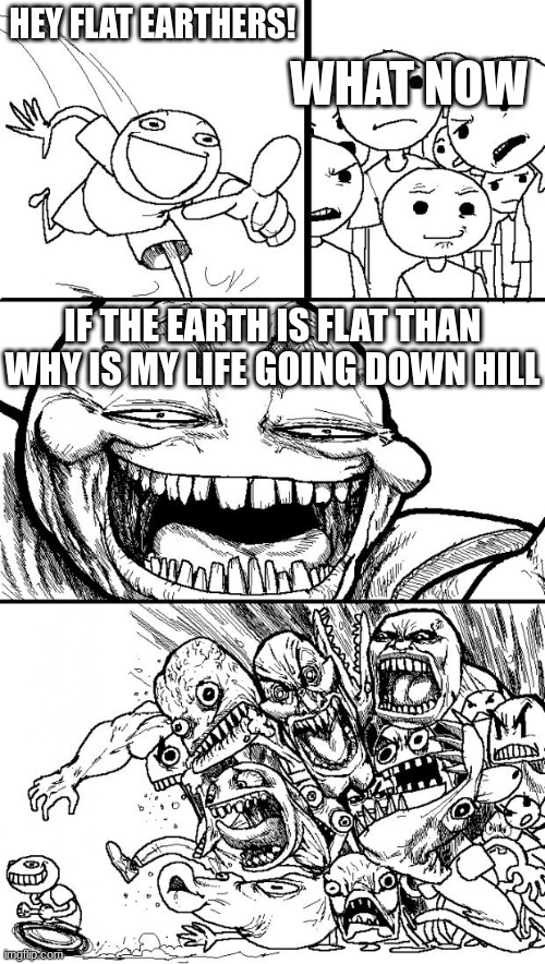 Hey Internet | WHAT NOW; HEY FLAT EARTHERS! IF THE EARTH IS FLAT THAN WHY IS MY LIFE GOING DOWN HILL | image tagged in memes,hey internet | made w/ Imgflip meme maker