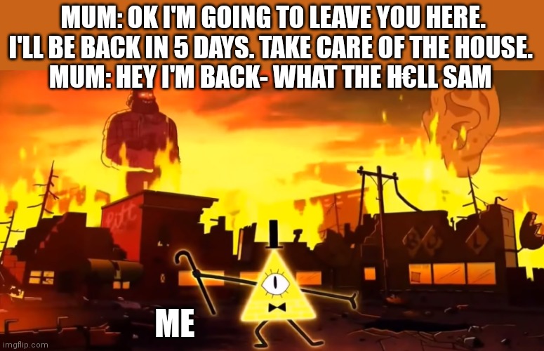 Never. Leave. Me. | MUM: OK I'M GOING TO LEAVE YOU HERE. I'LL BE BACK IN 5 DAYS. TAKE CARE OF THE HOUSE. 
MUM: HEY I'M BACK- WHAT THE H€LL SAM; ME | image tagged in gravity falls chaos | made w/ Imgflip meme maker