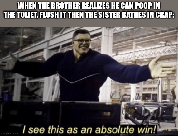 I See This as an Absolute Win! | WHEN THE BROTHER REALIZES HE CAN POOP IN THE TOILET, FLUSH IT THEN THE SISTER BATHES IN CRAP: | image tagged in i see this as an absolute win | made w/ Imgflip meme maker