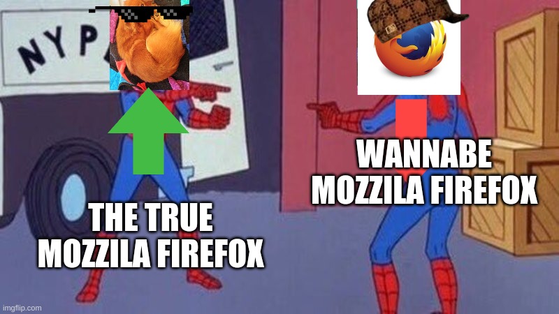 spiderman pointing at spiderman | WANNABE MOZZILA FIREFOX; THE TRUE MOZZILA FIREFOX | image tagged in spiderman pointing at spiderman,memes,firefox | made w/ Imgflip meme maker