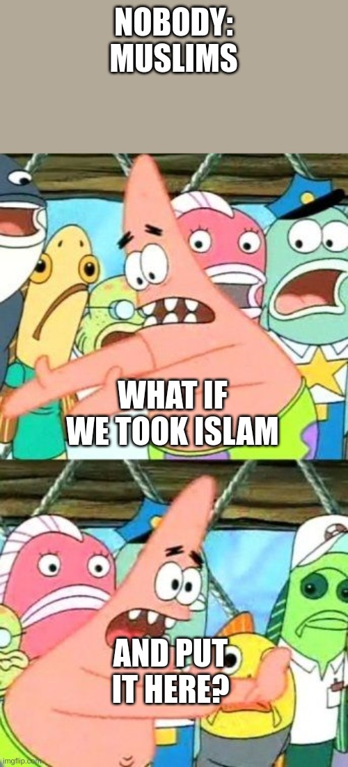 Meme | NOBODY:
MUSLIMS; WHAT IF WE TOOK ISLAM; AND PUT IT HERE? | image tagged in memes,put it somewhere else patrick | made w/ Imgflip meme maker