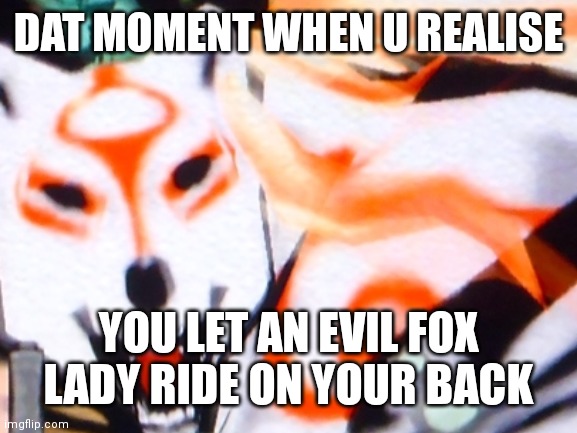 Ōkami deserves better | DAT MOMENT WHEN U REALISE; YOU LET AN EVIL FOX LADY RIDE ON YOUR BACK | image tagged in wolf | made w/ Imgflip meme maker