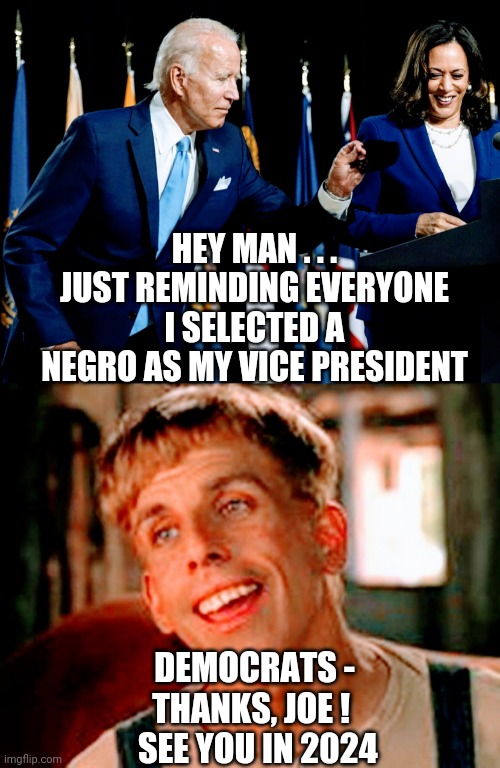 Don't Vote for Me, You Ain't a Negro | HEY MAN . . .
JUST REMINDING EVERYONE I SELECTED A NEGRO AS MY VICE PRESIDENT; DEMOCRATS -
THANKS, JOE ! 
 SEE YOU IN 2024 | image tagged in biden,harris,democrats,liberals,2024 | made w/ Imgflip meme maker