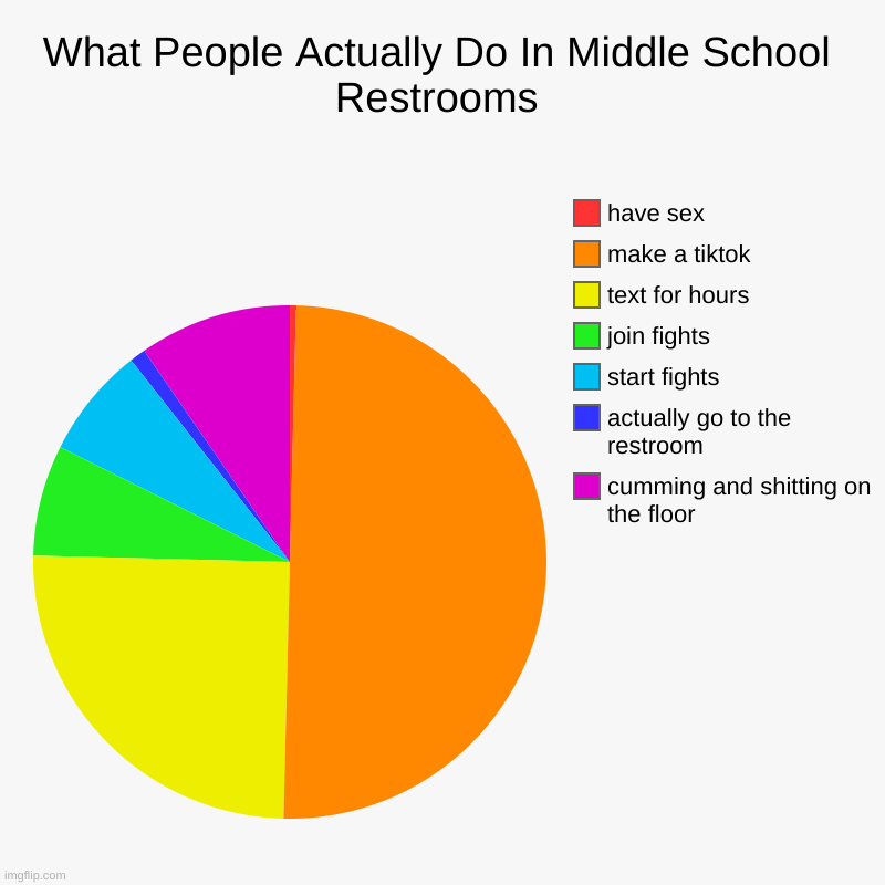 its true tho | What People Actually Do In Middle School Restrooms | cumming and shitting on the floor, actually go to the restroom, start fights, join figh | image tagged in charts,pie charts | made w/ Imgflip chart maker