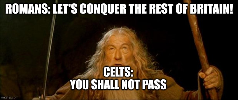 Meme | ROMANS: LET'S CONQUER THE REST OF BRITAIN! CELTS:
YOU SHALL NOT PASS | image tagged in gandalf you shall not pass | made w/ Imgflip meme maker