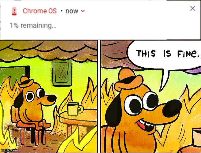 Gotta submit this before my chromebook dies | image tagged in chromebook,this is fine,funny,memes | made w/ Imgflip meme maker