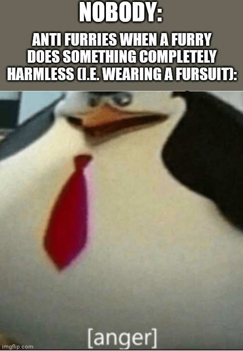 I dont get why people hate furries anyway | NOBODY:; ANTI FURRIES WHEN A FURRY DOES SOMETHING COMPLETELY HARMLESS (I.E. WEARING A FURSUIT): | image tagged in anger thicc skipper | made w/ Imgflip meme maker