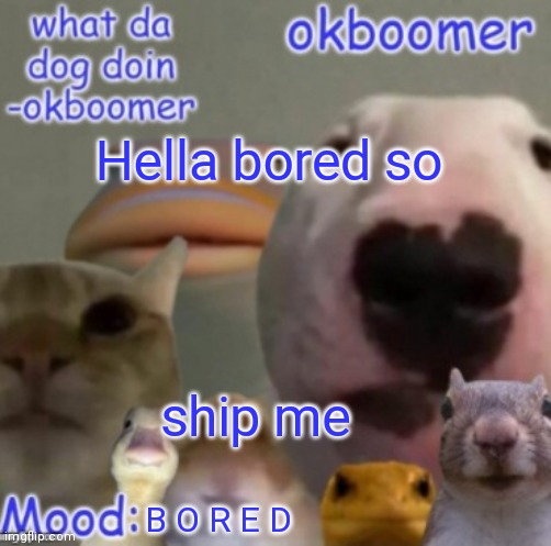 Okboomer template v4 (credit to yeetrex) | Hella bored so; ship me; B O R E D | image tagged in okboomer template v4 credit to yeetrex | made w/ Imgflip meme maker