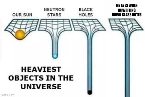heaviest objects | MY EYES WHEN IM WRITING DOWN CLASS NOTES | image tagged in heaviest objects | made w/ Imgflip meme maker