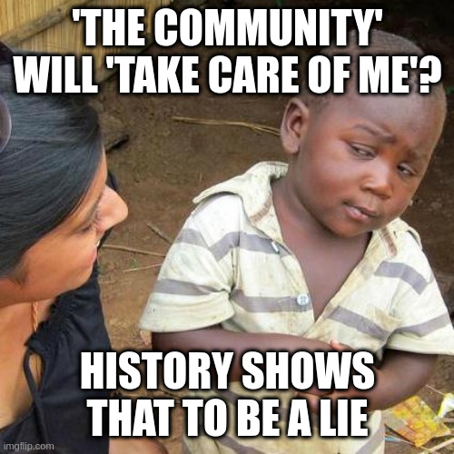 we pay taxes to government, not the community | 'THE COMMUNITY' WILL 'TAKE CARE OF ME'? HISTORY SHOWS THAT TO BE A LIE | image tagged in memes,third world skeptical kid | made w/ Imgflip meme maker