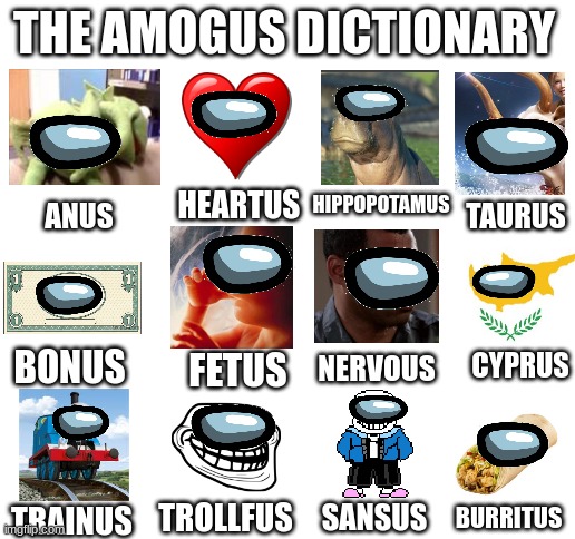Amogus Dictionary 6 | THE AMOGUS DICTIONARY; HIPPOPOTAMUS; HEARTUS; TAURUS; ANUS; BONUS; NERVOUS; CYPRUS; FETUS; TROLLFUS; SANSUS; TRAINUS; BURRITUS | image tagged in blank white template,amogus,dictionary,sus | made w/ Imgflip meme maker
