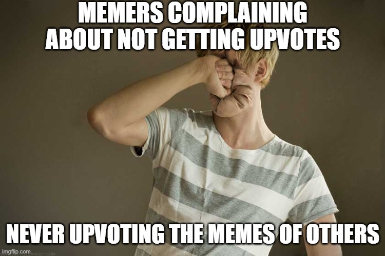 Upvote memes you like.  Don't be a cheapskate with upvotes. | MEMERS COMPLAINING ABOUT NOT GETTING UPVOTES; NEVER UPVOTING THE MEMES OF OTHERS | image tagged in punching yourself in the face | made w/ Imgflip meme maker