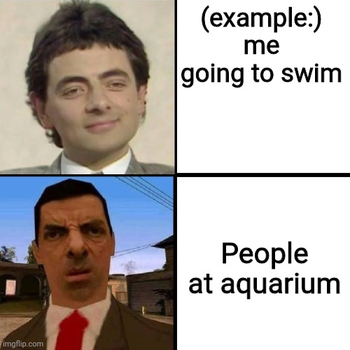 https://imgflip.com/memegenerator/352637014/Damn-how-disqusting | (example:)
me going to swim; People at aquarium | image tagged in mr bean | made w/ Imgflip meme maker