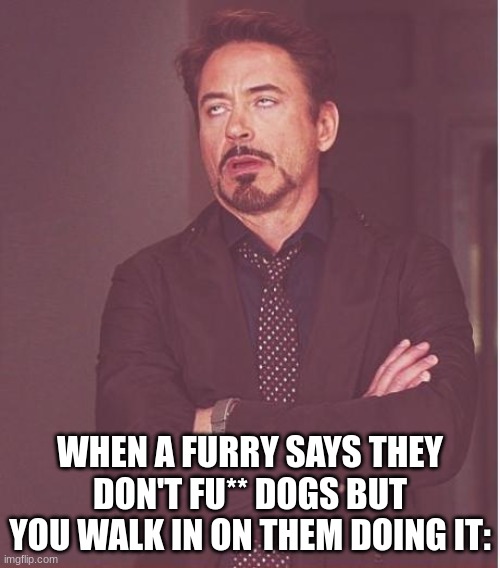 Disgusting | WHEN A FURRY SAYS THEY DON'T FU** DOGS BUT YOU WALK IN ON THEM DOING IT: | image tagged in memes,face you make robert downey jr | made w/ Imgflip meme maker