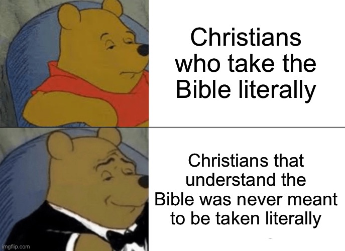 Tuxedo Winnie The Pooh Meme | Christians who take the Bible literally; Christians that understand the Bible was never meant to be taken literally | image tagged in memes,tuxedo winnie the pooh | made w/ Imgflip meme maker