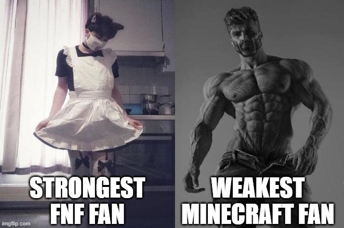 Strongest Fan VS Weakest Fan | STRONGEST FNF FAN; WEAKEST MINECRAFT FAN | image tagged in strongest fan vs weakest fan | made w/ Imgflip meme maker