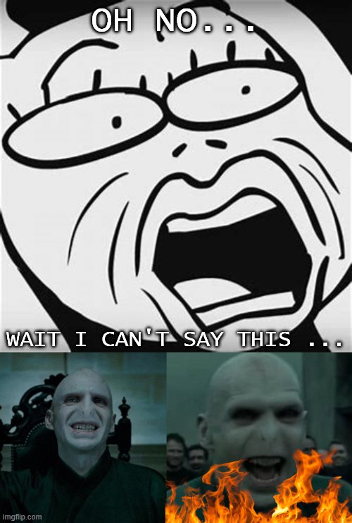 OH NO... WAIT I CAN'T SAY THIS ... | image tagged in shocked toriel,satanic voldemort | made w/ Imgflip meme maker