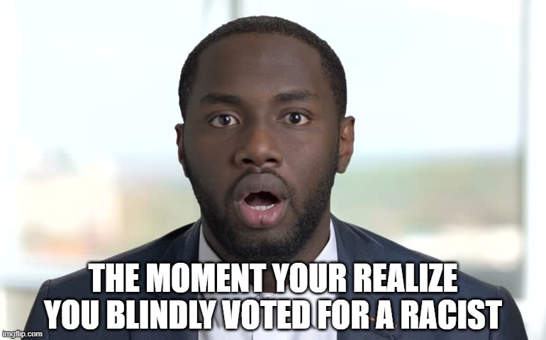 "Did he just say negro?" | THE MOMENT YOUR REALIZE
YOU BLINDLY VOTED FOR A RACIST | image tagged in joe biden,racist,memes | made w/ Imgflip meme maker