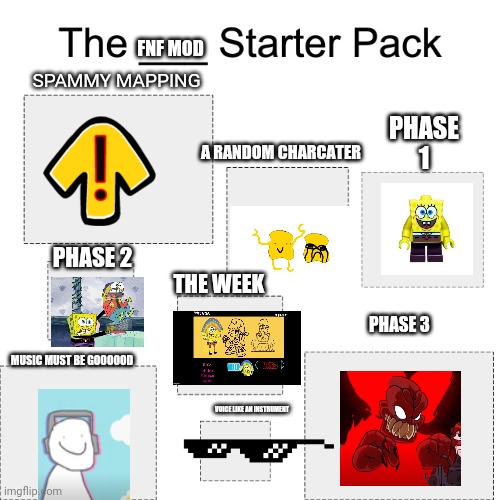 Starter pack | FNF MOD; SPAMMY MAPPING; PHASE 1; A RANDOM CHARCATER; PHASE 2; THE WEEK; PHASE 3; MUSIC MUST BE GOOOOOD; VOICE LIKE AN INSTRUMENT | image tagged in starter pack | made w/ Imgflip meme maker