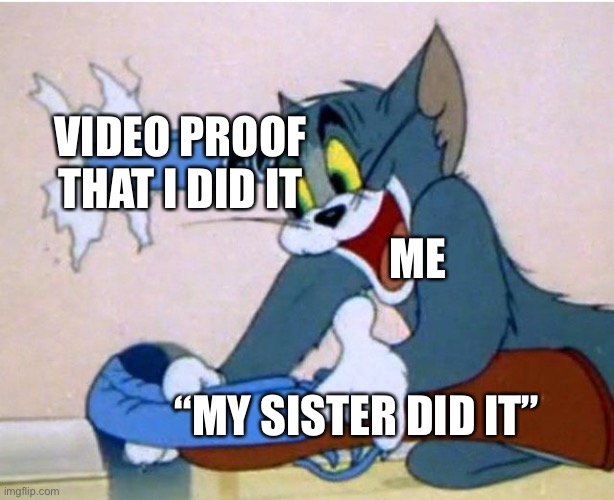 Tom and Jerry | VIDEO PROOF THAT I DID IT; ME; “MY SISTER DID IT” | image tagged in tom and jerry | made w/ Imgflip meme maker