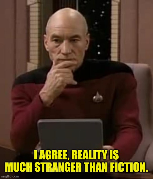 picard thinking | I AGREE, REALITY IS MUCH STRANGER THAN FICTION. | image tagged in picard thinking | made w/ Imgflip meme maker