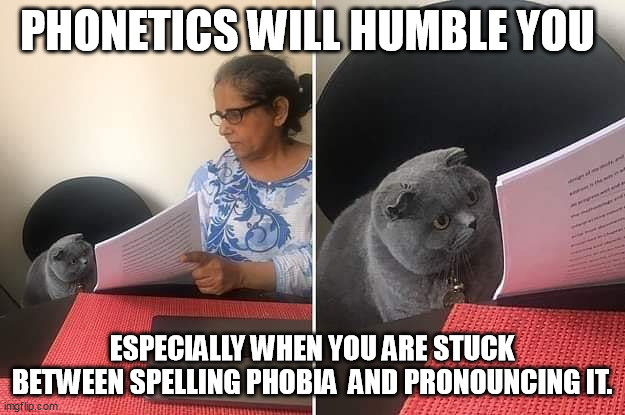 Woman showing paper to cat | PHONETICS WILL HUMBLE YOU; ESPECIALLY WHEN YOU ARE STUCK BETWEEN SPELLING PHOBIA  AND PRONOUNCING IT. | image tagged in woman showing paper to cat | made w/ Imgflip meme maker