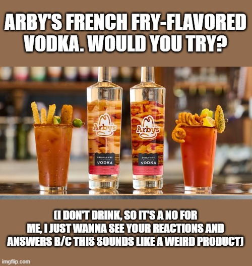 Doesn't sound like it would taste good. | ARBY'S FRENCH FRY-FLAVORED VODKA. WOULD YOU TRY? (I DON'T DRINK, SO IT'S A NO FOR ME, I JUST WANNA SEE YOUR REACTIONS AND ANSWERS B/C THIS SOUNDS LIKE A WEIRD PRODUCT) | made w/ Imgflip meme maker