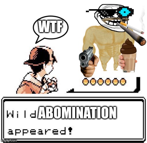 i dont know what to say | WTF; ABOMINATION | image tagged in blank wild pokemon appears | made w/ Imgflip meme maker