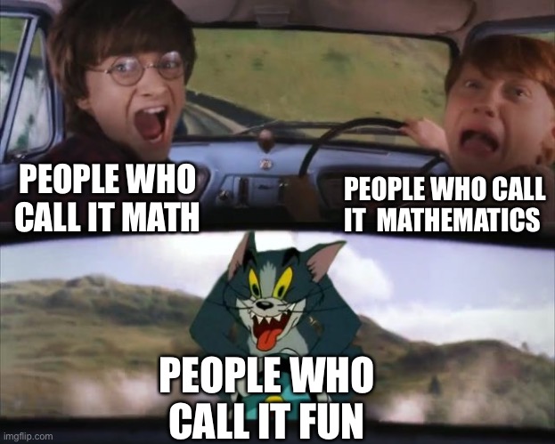 Tom chasing Harry and Ron Weasly | PEOPLE WHO CALL IT  MATHEMATICS; PEOPLE WHO CALL IT MATH; PEOPLE WHO CALL IT FUN | image tagged in tom chasing harry and ron weasly | made w/ Imgflip meme maker