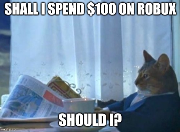 I Should Buy A Boat Cat | SHALL I SPEND $100 ON ROBUX; SHOULD I? | image tagged in memes,i should buy a boat cat | made w/ Imgflip meme maker