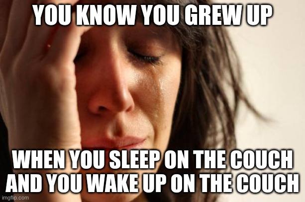 the truth hurts | YOU KNOW YOU GREW UP; WHEN YOU SLEEP ON THE COUCH AND YOU WAKE UP ON THE COUCH | image tagged in memes,first world problems | made w/ Imgflip meme maker