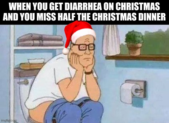 christmas | WHEN YOU GET DIARRHEA ON CHRISTMAS AND YOU MISS HALF THE CHRISTMAS DINNER | image tagged in constipated hank hill toilet | made w/ Imgflip meme maker