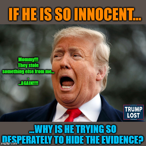 Just another day of criminality for the Insurrectionists. | IF HE IS SO INNOCENT... Mommy!!!
They stole something else from me...
.
...AGAIN!!!! ...WHY IS HE TRYING SO DESPERATELY TO HIDE THE EVIDENCE? | image tagged in trump lost,thank you brandon,ivanka,bye bye bannon | made w/ Imgflip meme maker