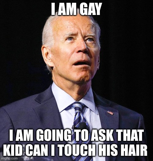 Joe Biden | I AM GAY; I AM GOING TO ASK THAT KID CAN I TOUCH HIS HAIR | image tagged in joe biden | made w/ Imgflip meme maker